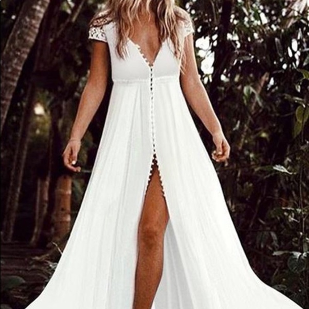 NWOT White Lace Chiffon Deep V-neck Maxi Dress